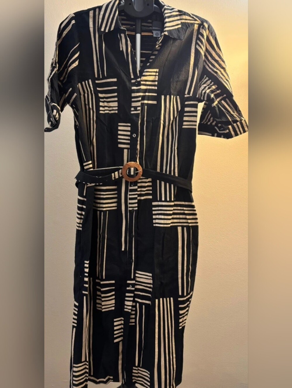 Vero Moda Black Dress with Cream Geometric Stripes and Belt